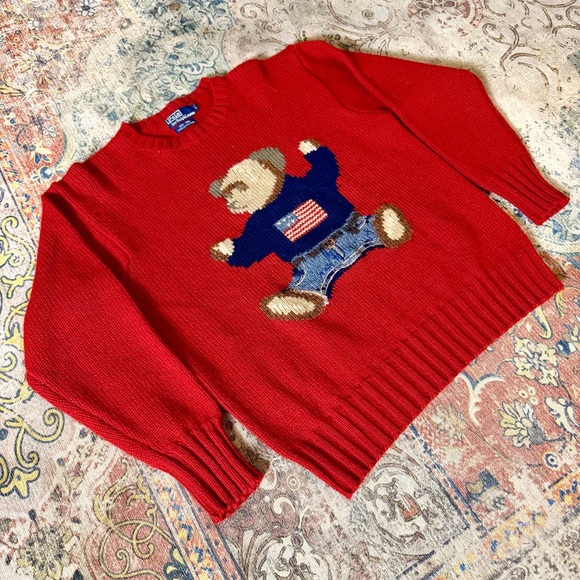 RARE  Vintage 90s Polo Ralph Lauren Bear Sit Down Knit Wool Sweater Size L Red🔥 - Picture 5 of 10